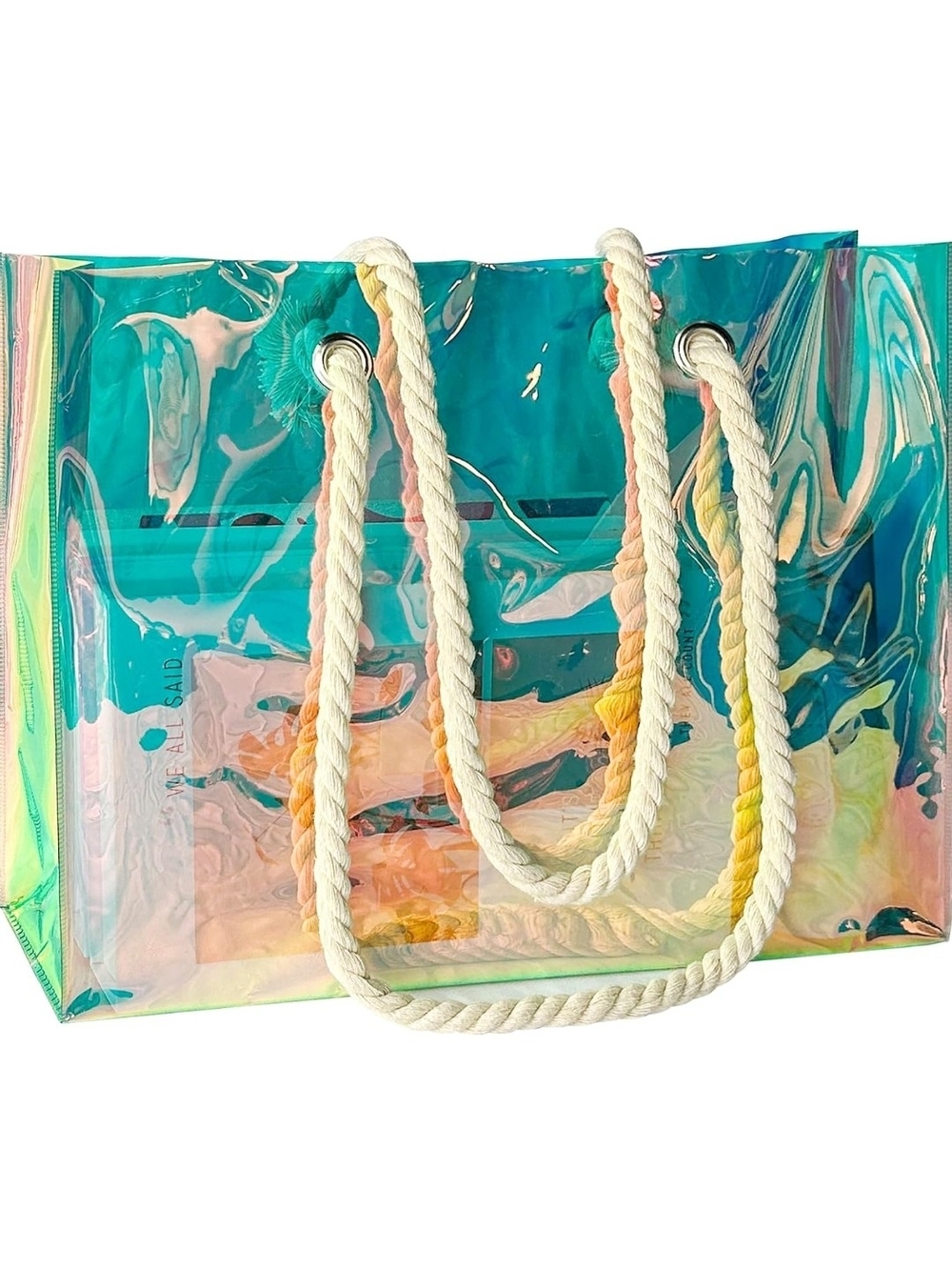 Iridescent Teal Clear Tote Bag with Rope Handles